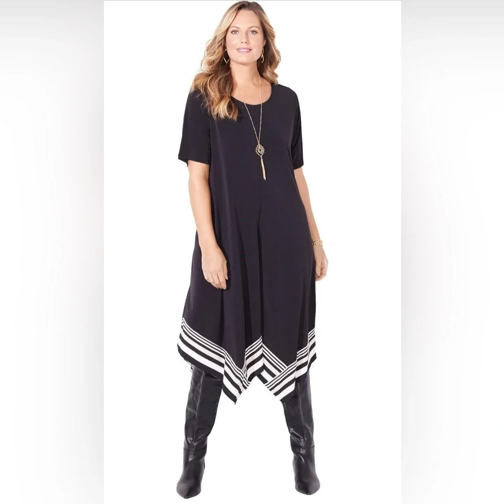 Catherines Plus Black A-line Striped Pockets Midi Dress 1X - Picture 1 of 8